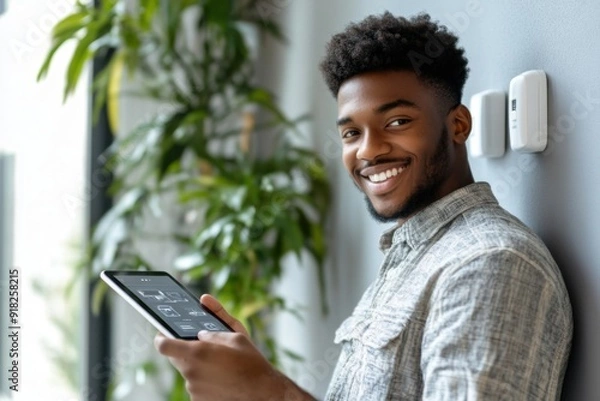 Fototapeta Smiling young black man using a latest technology tablet in his modern home automation