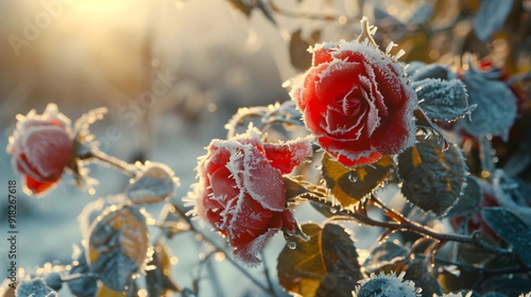 Obraz Frozen red roses in winter in the morning