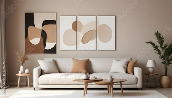 Fototapeta A minimalist living room with a beige sofa, wooden coffee table, and three abstract canvas paintings on the wall.