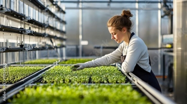 Obraz Microgreen. A European woman explores innovative farming techniques as she cultivates a variety of microgreens in a sleek, modern facility.