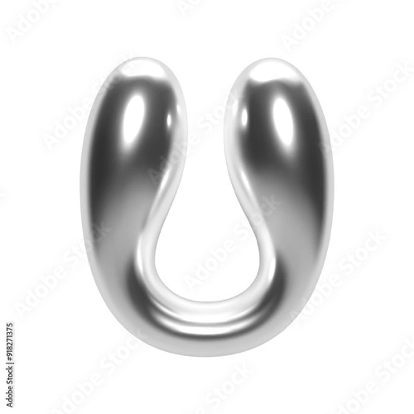 Fototapeta 3D chrome letter U with shiny silver glossy surface in futuristic Y2K bubble style. Isolated alphabet character, inflated liquid metal form. Trendy vector render font for modern typography and design