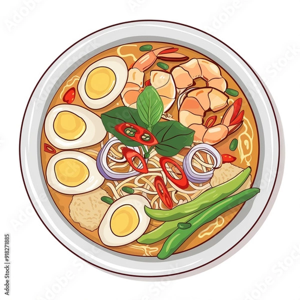 Fototapeta Top view of Penang Assam Laksa in a cartoon style on white background