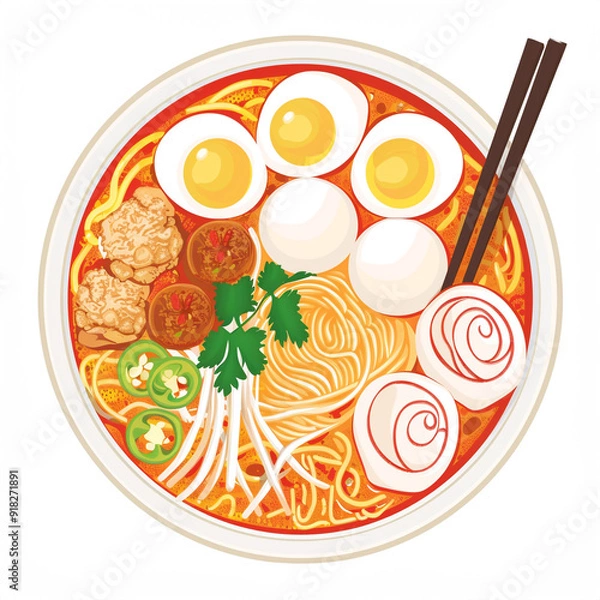 Fototapeta Top view of Penang Assam Laksa in a cartoon style on white background
