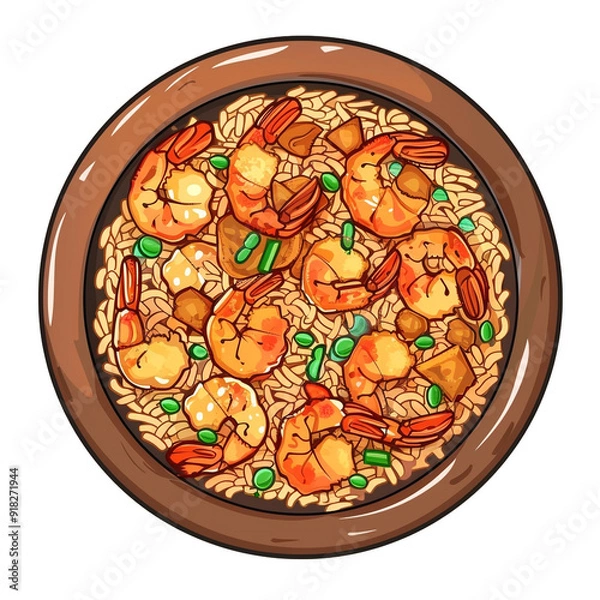 Fototapeta Top view of shrimp fried rice dish in a cartoon style on white background