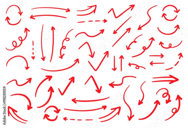 Obraz シンプルなペンの手書きの矢印セット ベクター 赤