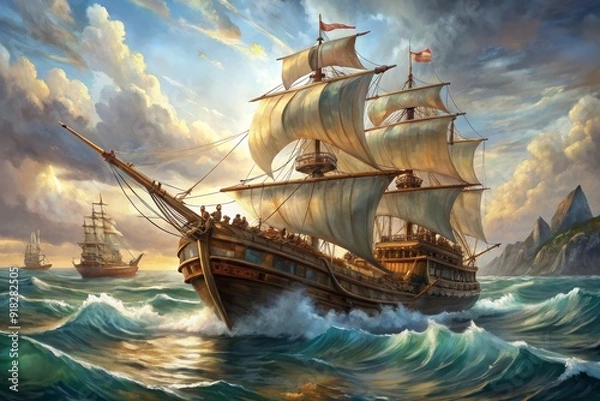 Fototapeta A painting of a large ship sailing in the ocean with a storm in the background
