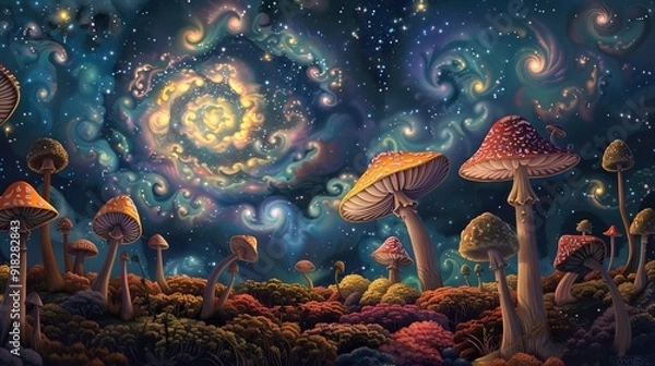 Fototapeta Psychedelic landscape with mushrooms and swirling galaxies in a cosmic setting at night