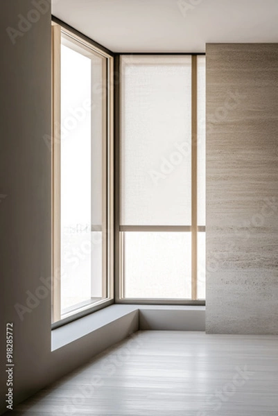 Fototapeta Interior design composition in beige colors with a large window providing natural lighting to the room interiors creating shadows. Minimalist interiors with minimal decoration.