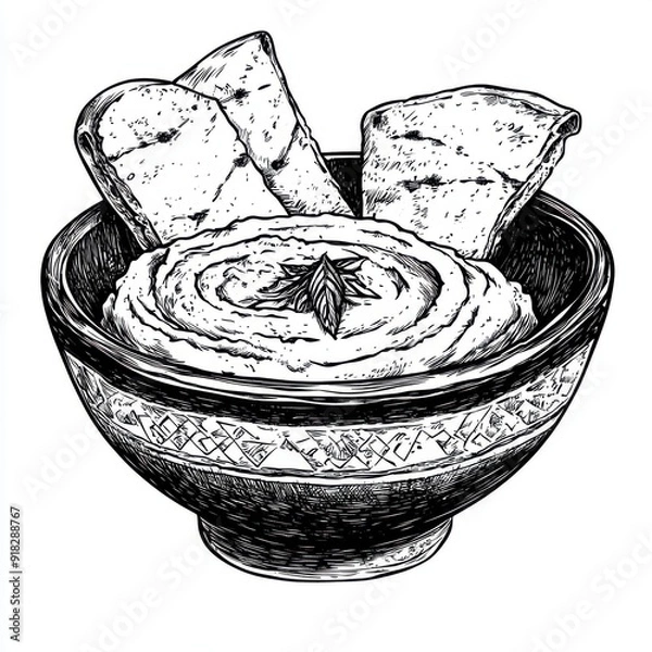 Fototapeta Black and white Vintage engraved art of a bowl of hummus with pita bread slices, isolated on white background, ink sketch illustration, simple vector art design, highly detailed line art