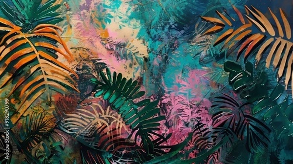 Fototapeta Vibrant tropical foliage with colorful hues in a lush, abstract display