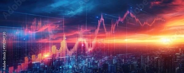 Fototapeta A stunning digital rendering of a stock market analysis with graphical charts against a vibrant sunset cityscape background.