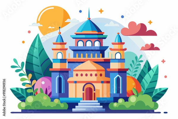 Fototapeta Colorful Illustration of a Mosque with a Sun and Clouds