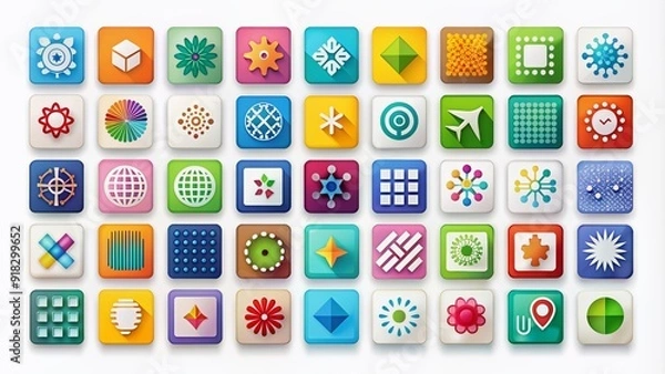 Fototapeta Colorful collection of modern abstract icons for website design, including shapes, symbols, and graphics, arranged on a clean white background in a grid formation.