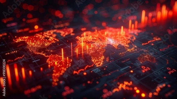 Obraz Global Economic Trends: A world map overlaid with economic indicators, currency symbols, and growth metrics, reflecting the analysis of global economic trends and their impact on business strategies.