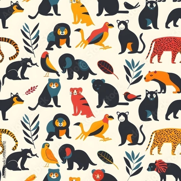Fototapeta Colorful cartoon animals in a playful pattern on a light background.