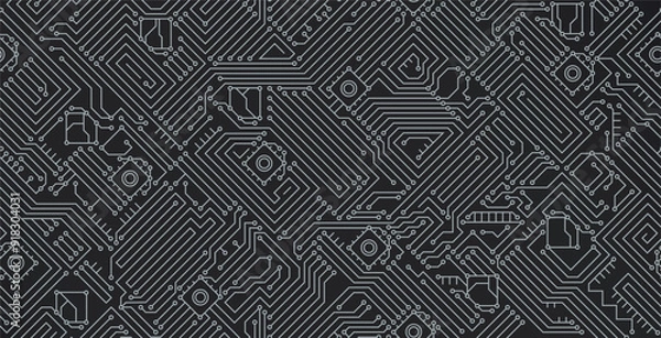 Fototapeta Electronic circuit of motherboard on black seamless background.