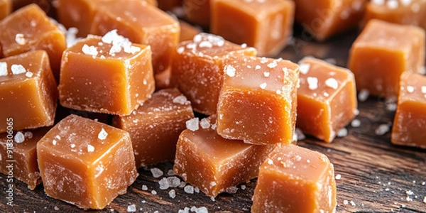 Fototapeta The texture background of salted caramel pieces with grains of salt. Classic flavor