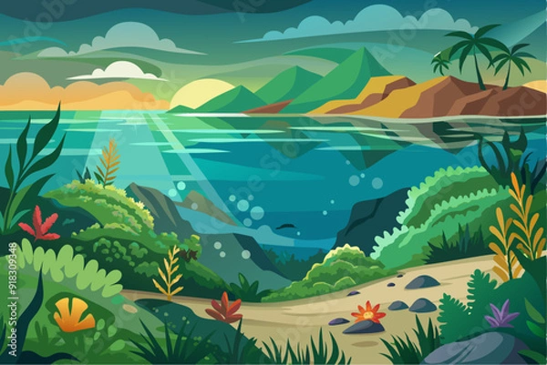 Fototapeta Tropical Landscape with Underwater View and Palm Trees