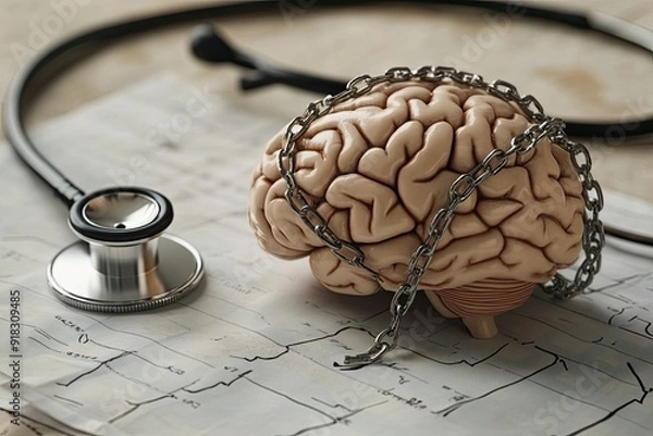 Fototapeta Brain with a heavy chain wrapped around it.