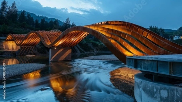 Fototapeta Interior view of a modern wooden bridge illuminated at dusk over a river with reflections in the water