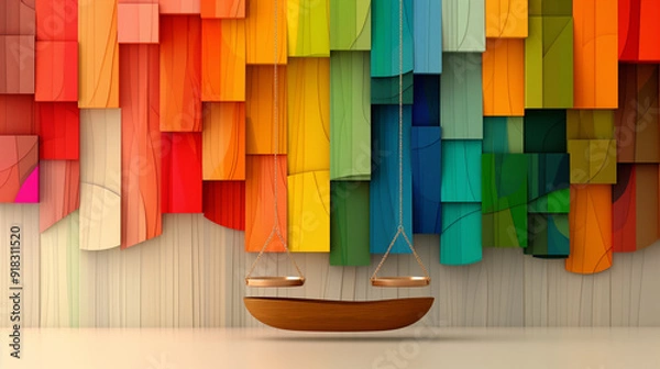 Fototapeta Scales of Justice with Abstract Colorful Wooden Background