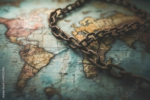Fototapeta Broken Chains on a world map.