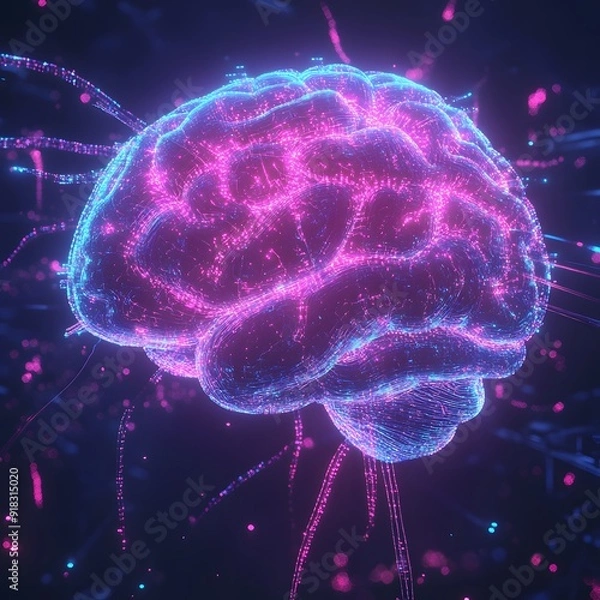 Fototapeta Abstract digital rendering of a glowing pink and blue brain with flowing lines.