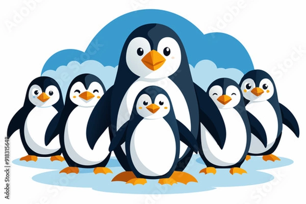 Obraz A Group of Six Penguins Standing on Ice