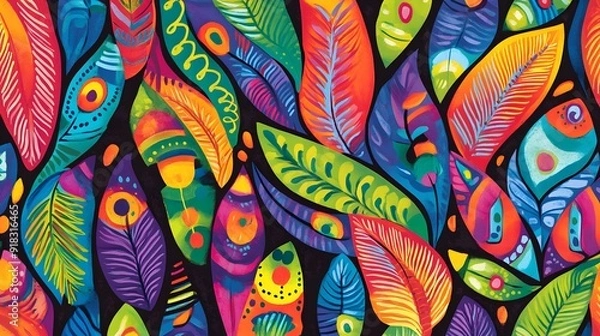 Fototapeta Mexican Art-Inspired Stylized Feather Pattern, Vibrant Color Palette, Ideal for Seamless Tiling