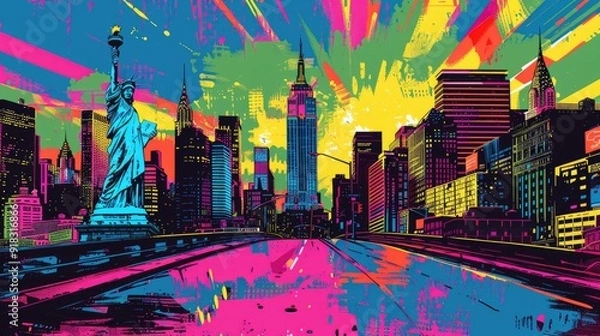 Obraz A vibrant, abstract cityscape with colorful brushstrokes depicting New York City landmarks.