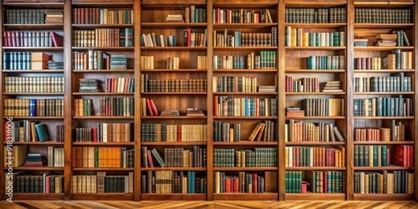 Fototapeta A Wall of Wisdom A Full Bookshelf Filled with Leatherbound Classics, bookshelf, library, antique books, vintage , bookshelves , wood