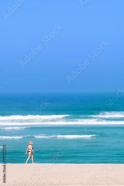Obraz minimalism on the beach, with a sea in the background and an isolated person on one side