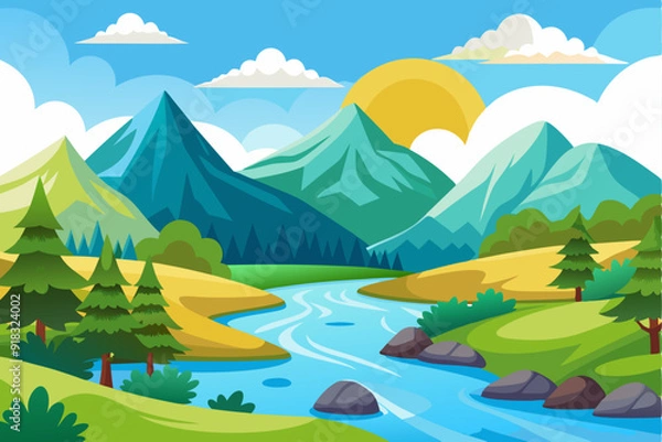 Fototapeta Mountain Landscape with River and Trees