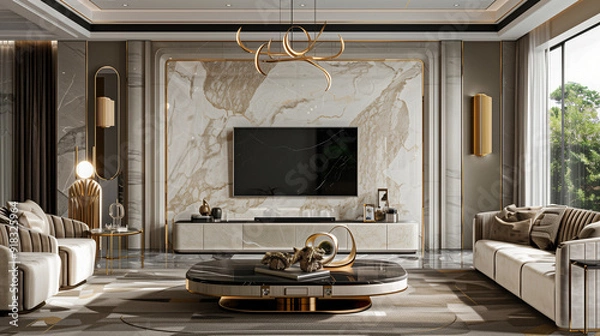 Obraz there is a living room with a marble wall and a large tv