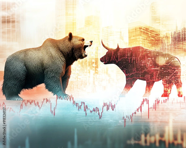 Fototapeta A bear victorious over a bull, both standing on a sharply declining stock market graph, with an abstract business backdrop that suggests the collapse of financial markets