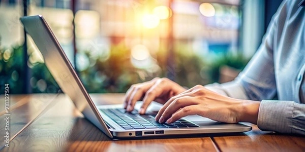 Fototapeta Hands Typing on Laptop, Close-Up, Blurred Background, Wooden Table, Digital Work, productivity, technology
