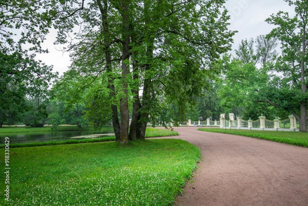 Fototapeta A park with a path and a pond