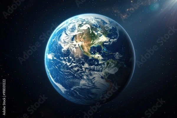 Fototapeta Vibrant image capturing earth's beauty from outer space with sun flare