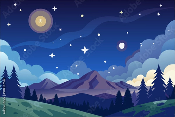 Fototapeta Nighttime Mountain Landscape with Stars and Clouds