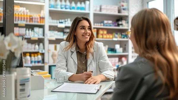 Obraz A friendly pharmacist consults with a customer about medications in a bright and welcoming pharmacy setting.