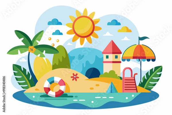 Fototapeta A Colorful Illustration of a Summer Beach Scene with a Palm Tree, Sun, and a Small House