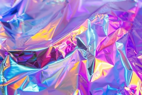 Fototapeta Iridescent crumpled foil background in vibrant colors reflecting light
