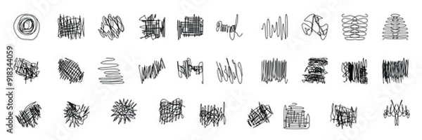 Fototapeta Big set different scribbles, sketch pencil, confusing process path, messy line, hand drawn patterns, isolated vector