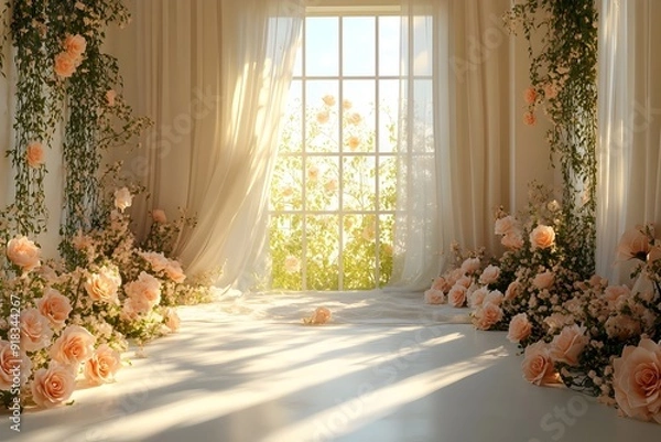 Fototapeta Background wedding luxurious white room with flowers and sunshine through the windown generate AI	