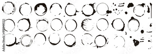 Obraz black coffee rings grunge circle frames stamp graphic elements stains drops isolated decorative. vector