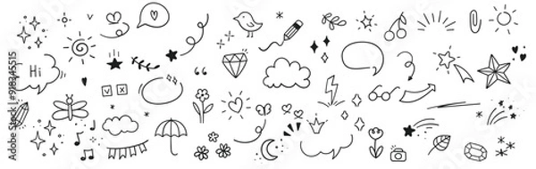 Fototapeta Cute Doodle pen line elements. Heart, bubble, doodle, arrow, star, icon, shiny ornaments set. Simple drawing in line style sketch, attention, lettering, text, pattern elements. Vector illustration.
