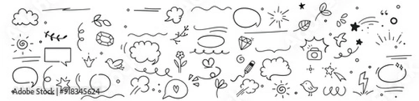 Fototapeta Cute Doodle pen line elements. Heart, bubble, doodle, arrow, star, icon, shiny ornaments set. Simple drawing in line style sketch, attention, lettering, text, pattern elements. Vector illustration.