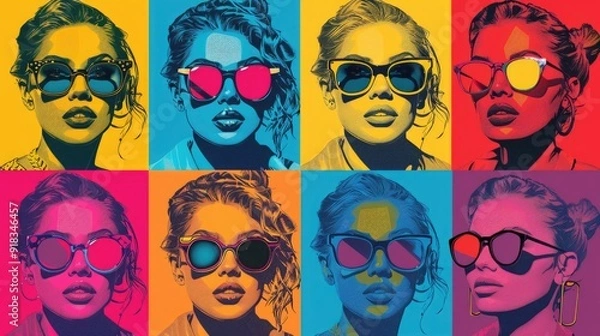 Obraz A vibrant pop art illustration featuring a woman in sunglasses, repeated in a grid of eight colorful squares.