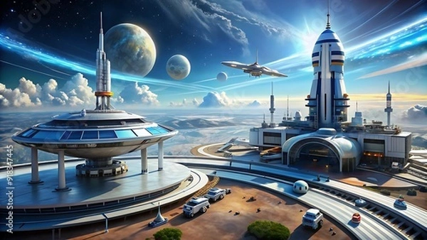 Fototapeta Inspired by science fiction, the spaceport features a stunning array of futuristic spacecraft and advanced docking technology.