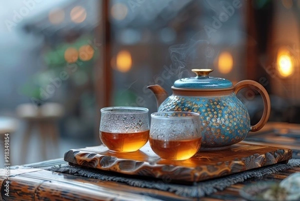 Fototapeta A tranquil tea moment on a rustic wooden table surrounded by warm lighting
